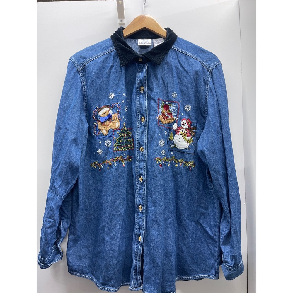 Bobbie Brooks Christmas Denim Shirt XL Embroidered Snowman Bear Velvet Collar